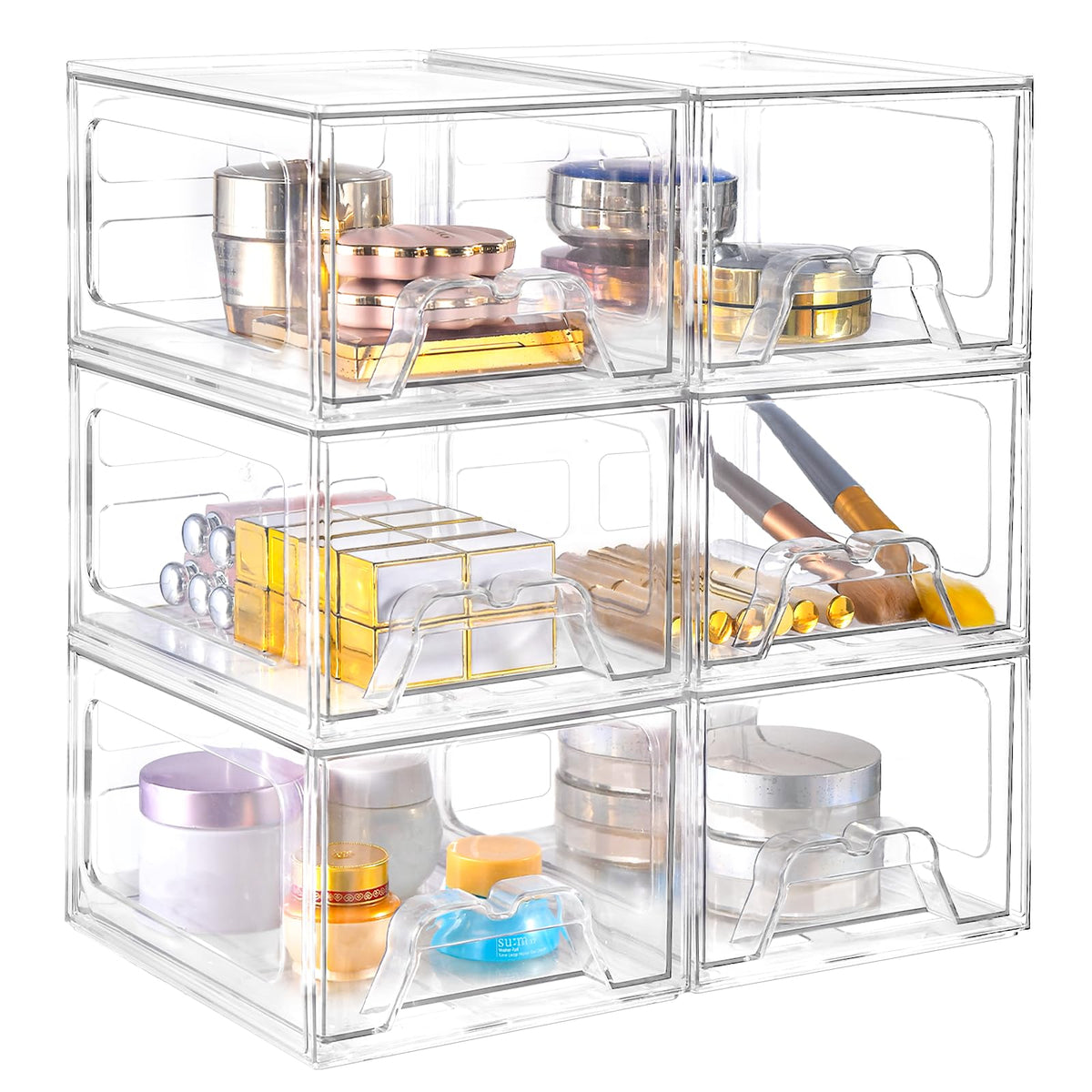 Stebopum front view of clear stackable drawers, shows organized visibility benefit