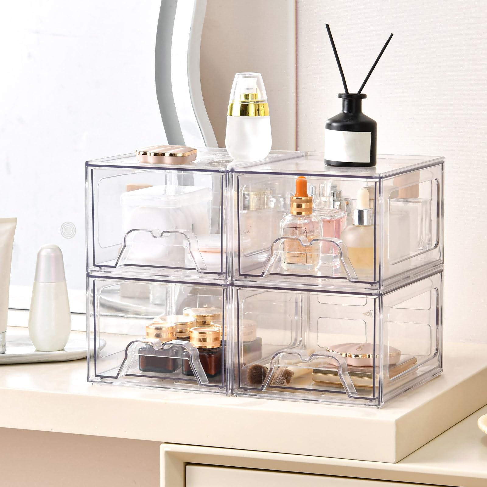 Stebopum on a vanity in lifestyle setting, creates tidy stylish counter benefit