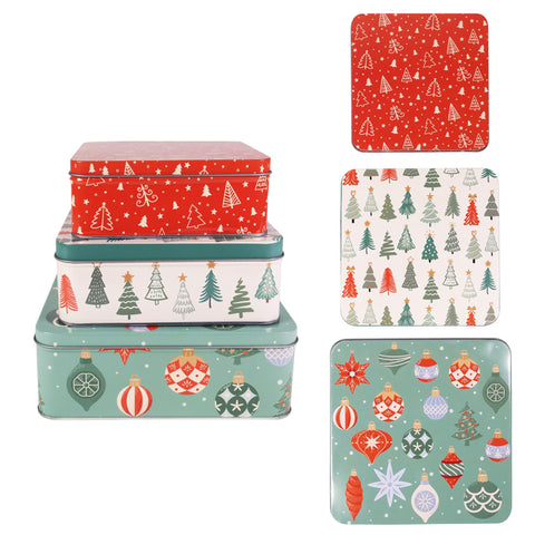 STEEL MILL AND CO. front view of three square holiday cookie tins, gift-ready