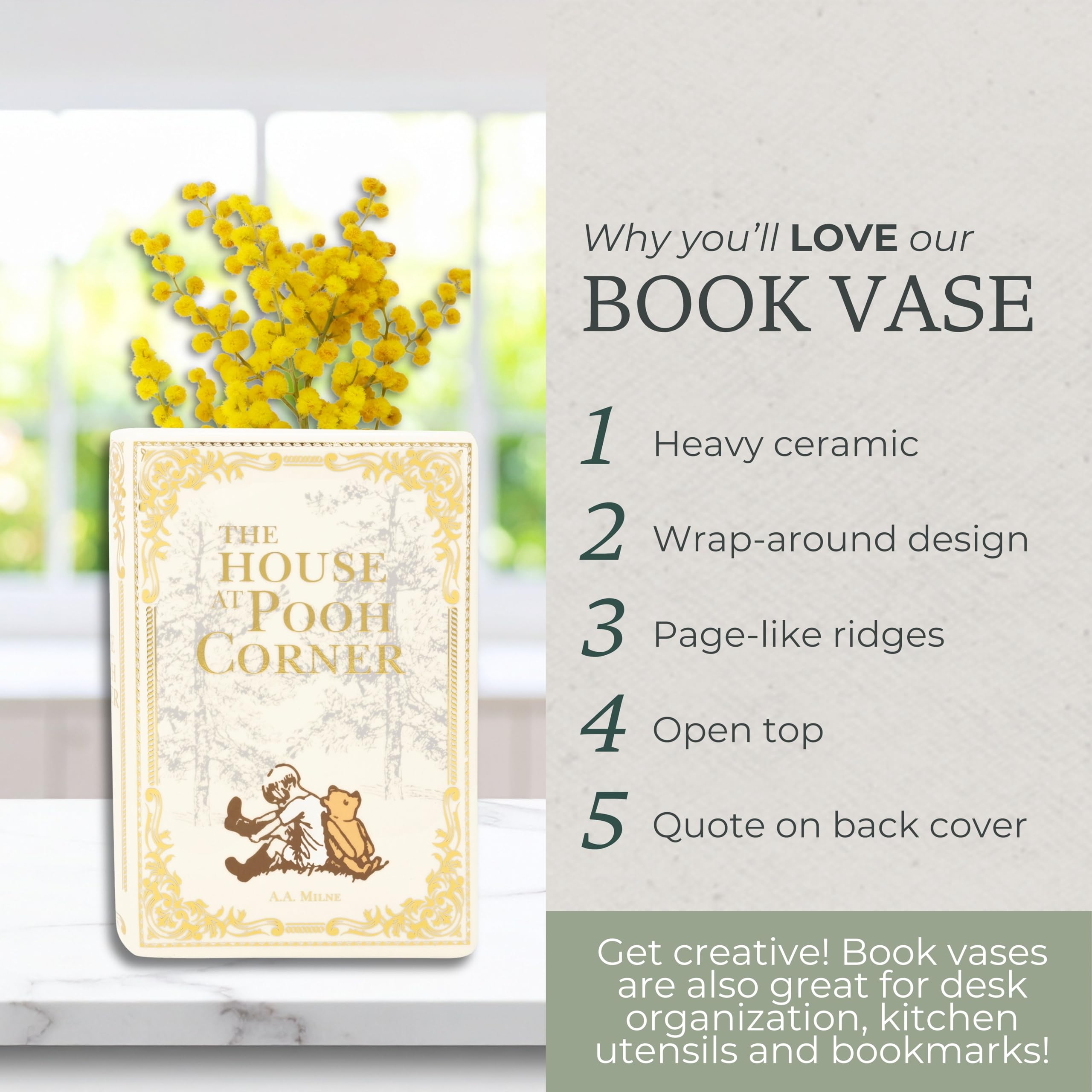 Steel Mill & Co. vase styled on bookshelf for curated literary display benefit