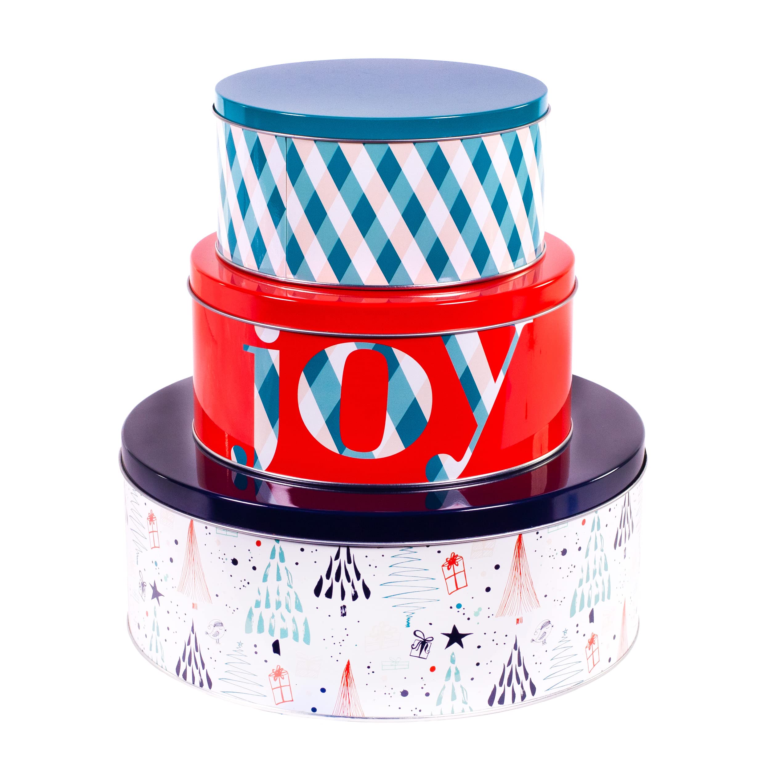 Steel Mill & Co. front view showing three Joy Plaid tins, festive gifting ready