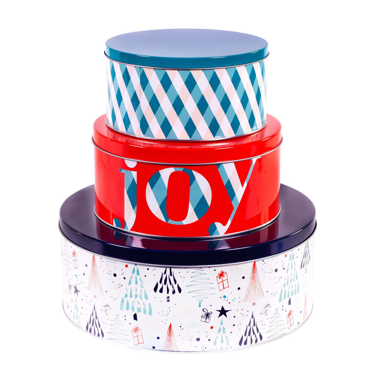 Steel Mill & Co. front view showing three Joy Plaid tins, festive gifting ready