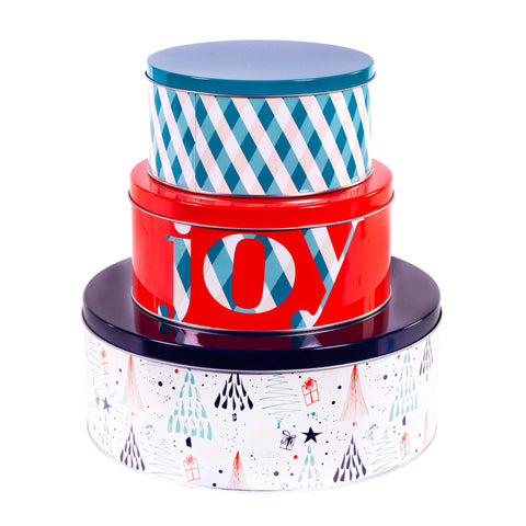 Steel Mill & Co. front view showing three Joy Plaid tins, festive gifting ready