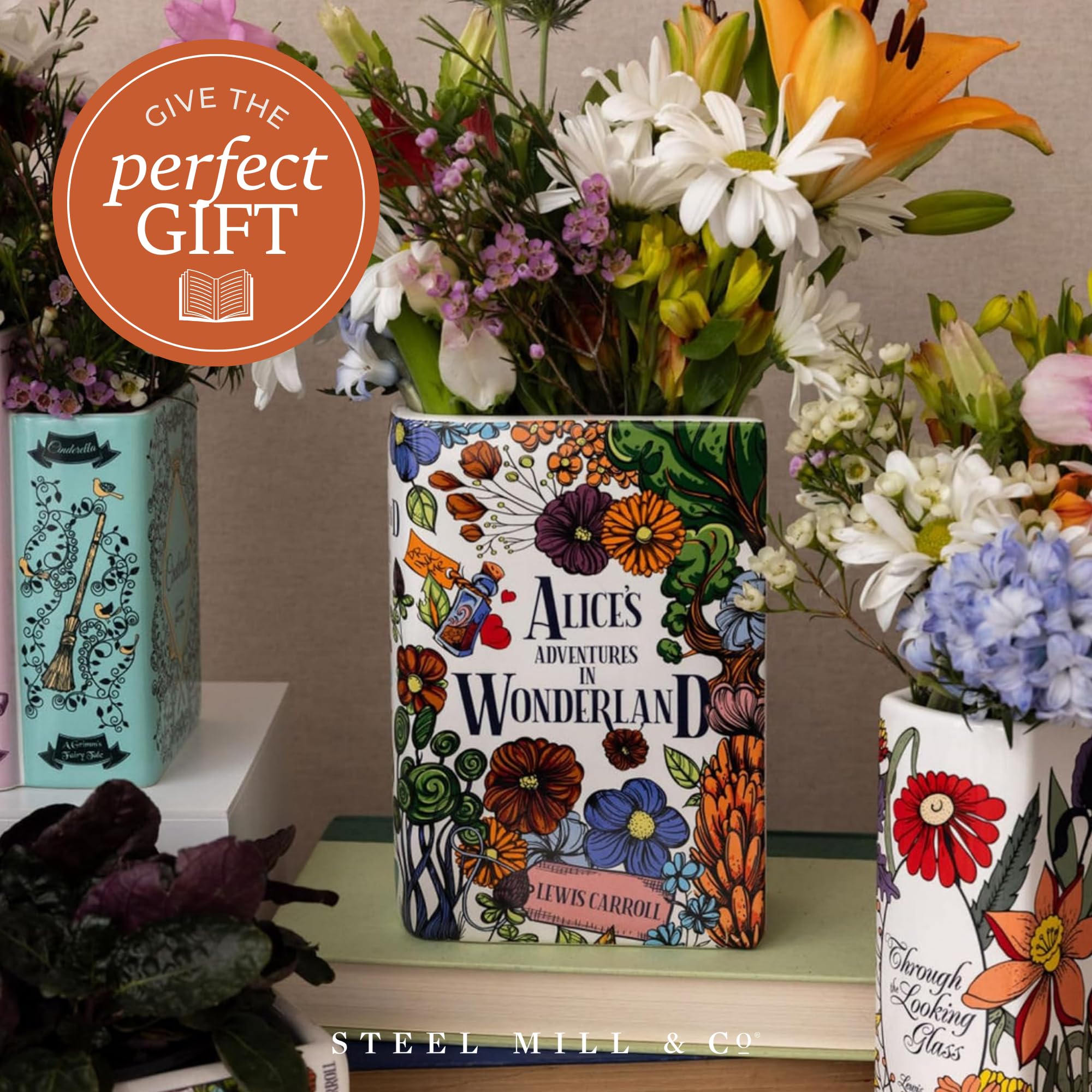 Steel Mill & Co. book vase in use with fresh flowers adding storybook charm
