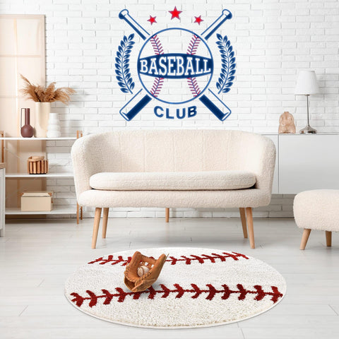 STEF baseball rug next to toys showing 36 inch size and scale