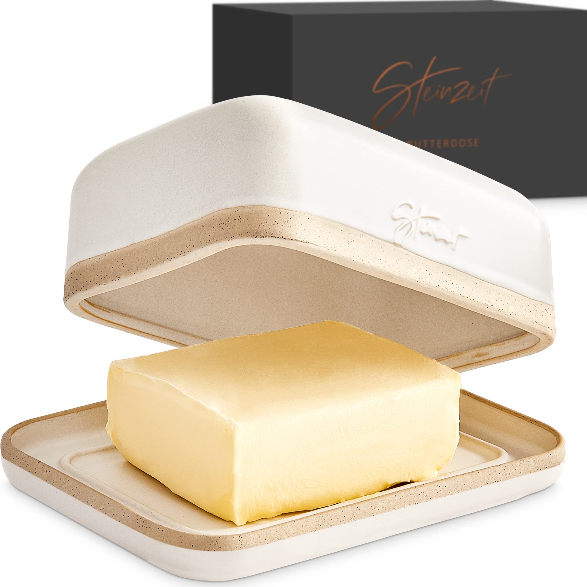 Steinzeit butter dish front view showing clean ceramic finish and neat presentation