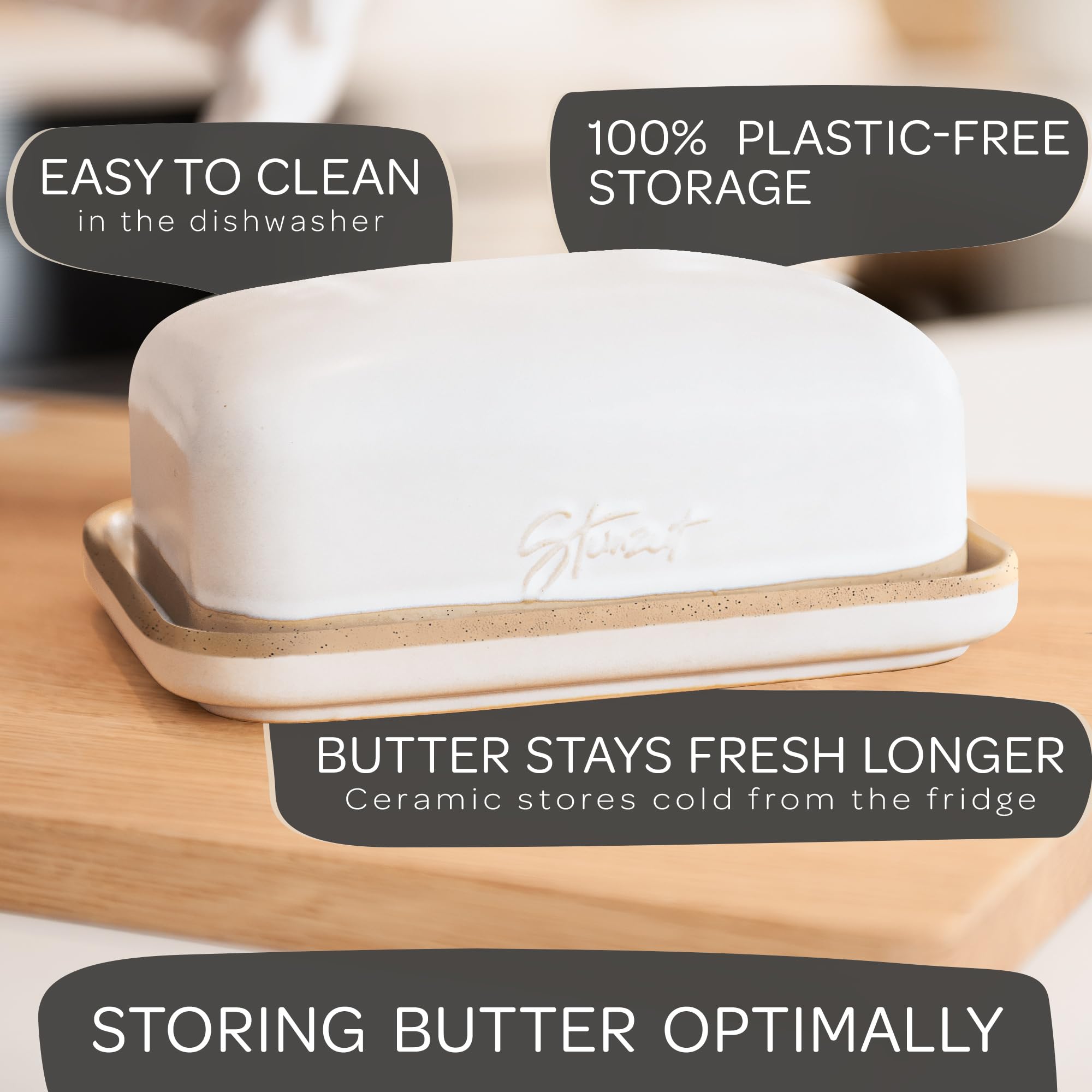 Steinzeit butter dish interior with two butter sticks for easy serving benefit