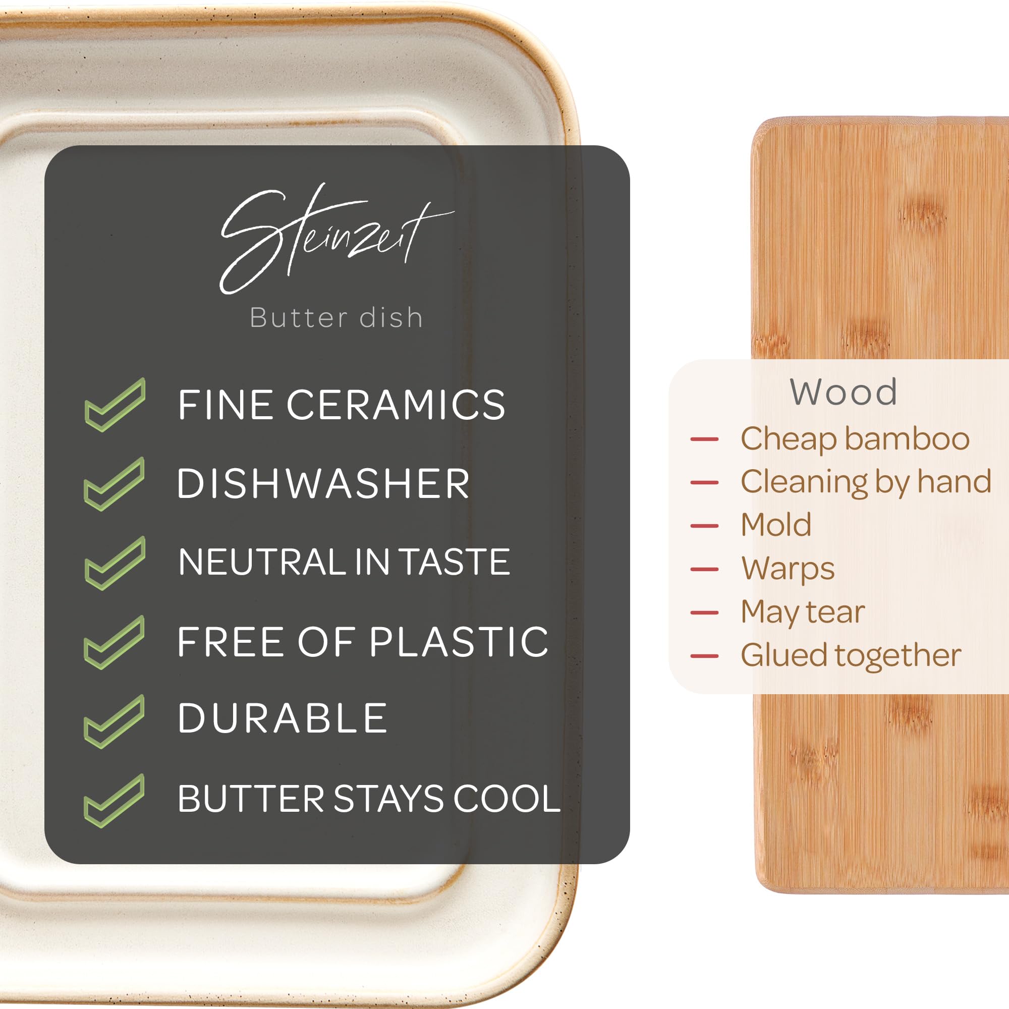 Steinzeit butter dish lid detail highlighting snug fit and protective cover benefit