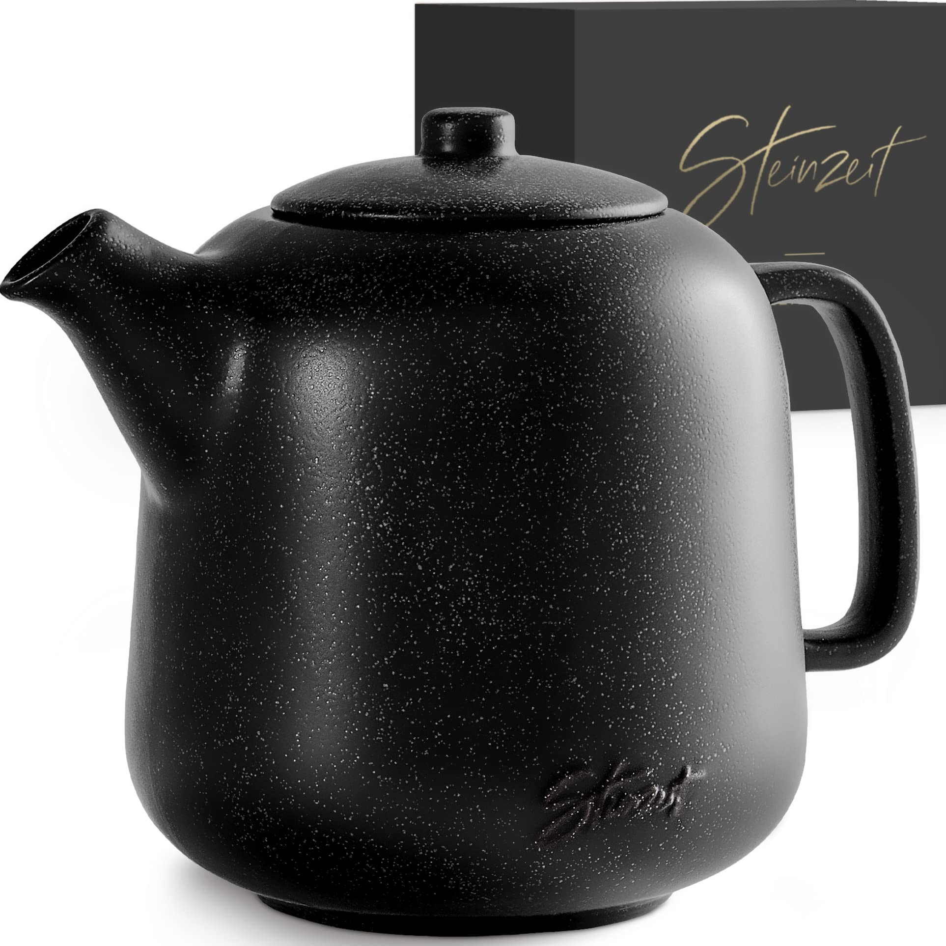 Steinzeit teapot front view showing generous 44 oz capacity and matte black finish