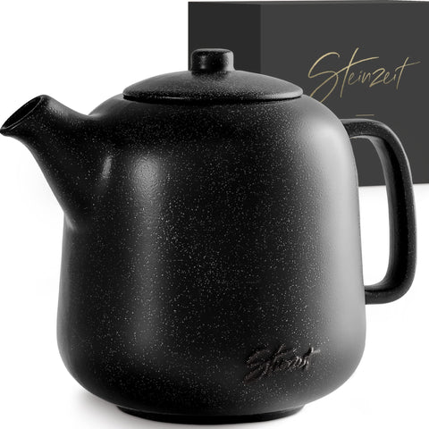 Steinzeit teapot front view showing generous 44 oz capacity and matte black finish