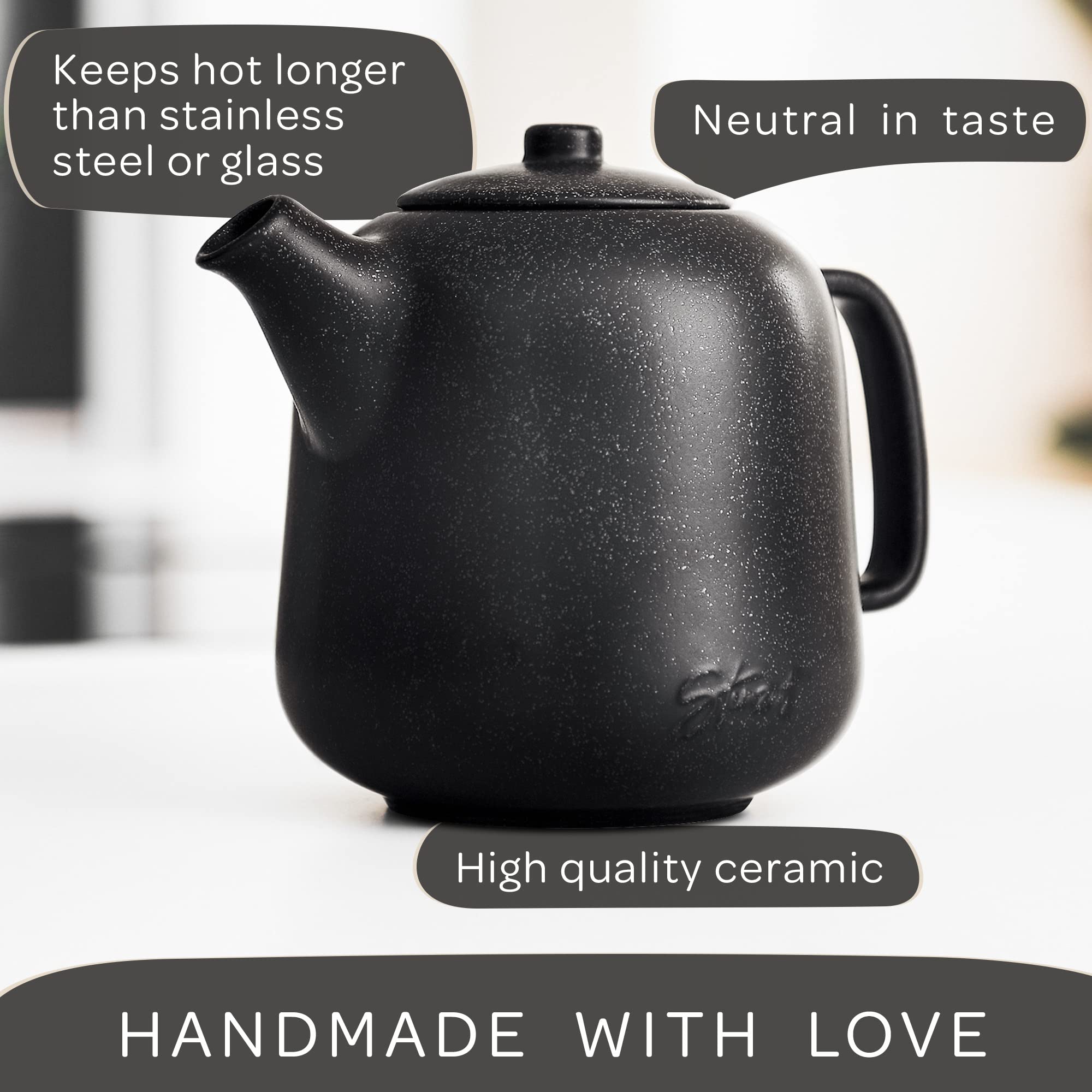 Steinzeit teapot close view of removable stainless-steel infuser for clean steeping