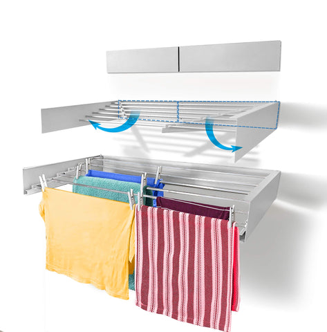Step Up front view showing wall-mounted drying rack ready to use benefit saves floor space