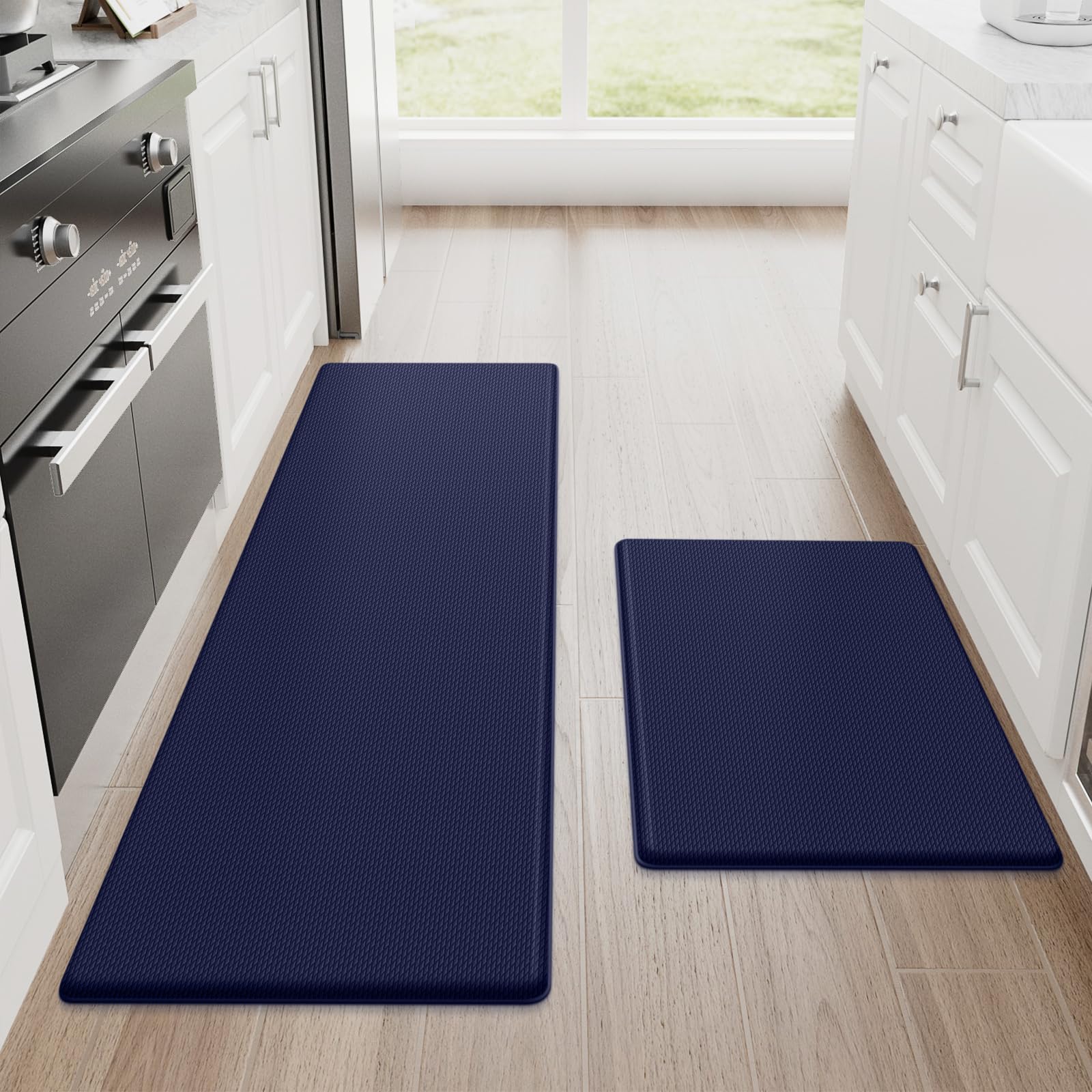 StepRite front view showing blue two-piece mats and comfortable coverage