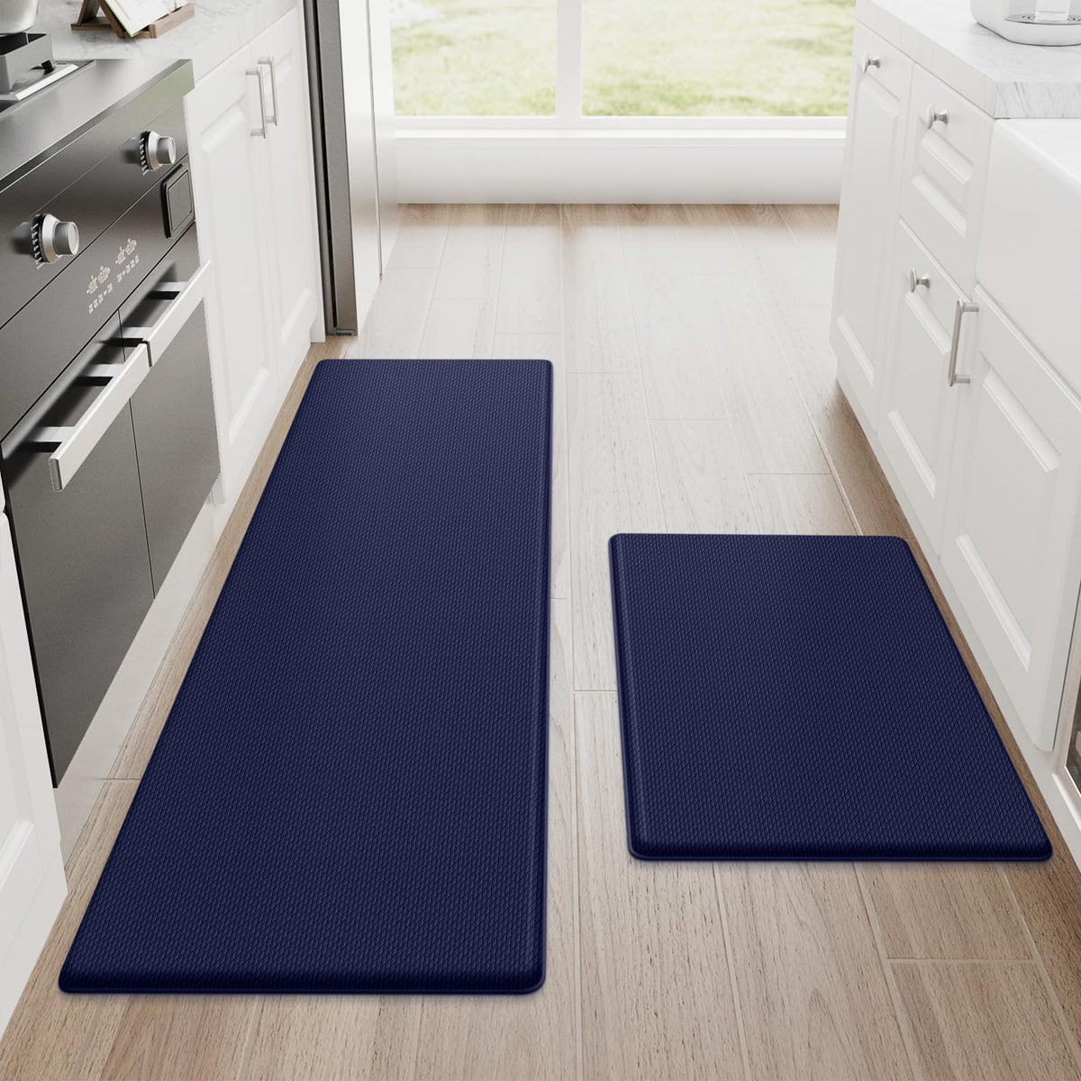 StepRite front view showing blue two-piece mats and comfortable coverage