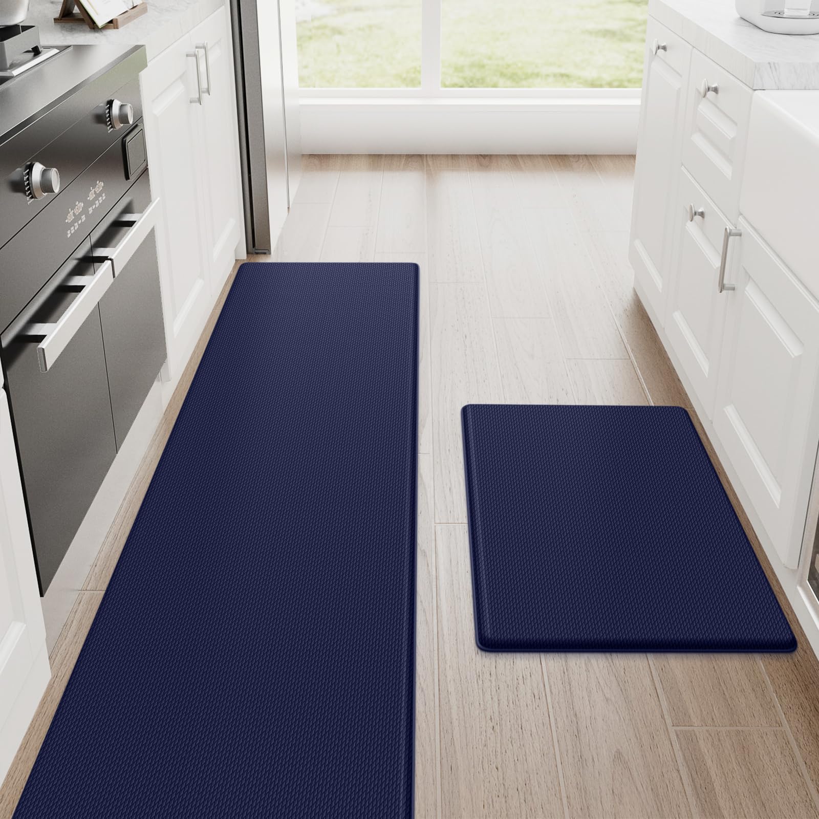 StepRite front view showing blue two-piece mats and clear benefits