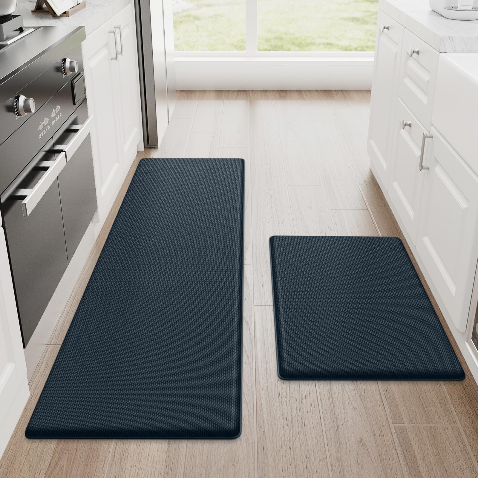 StepRite front view of dark charcoal two-piece mats for neat kitchen coverage