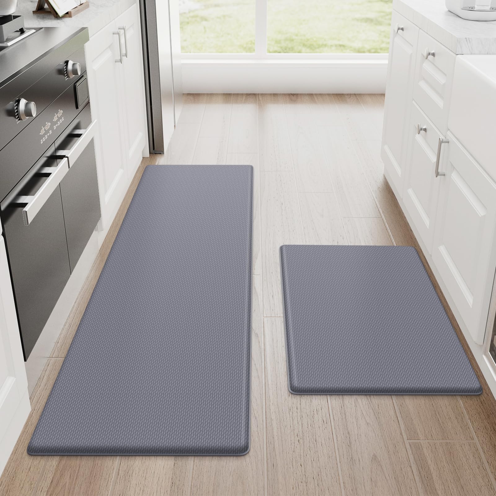 StepRite front view showing grey two-piece mats and comfort benefit