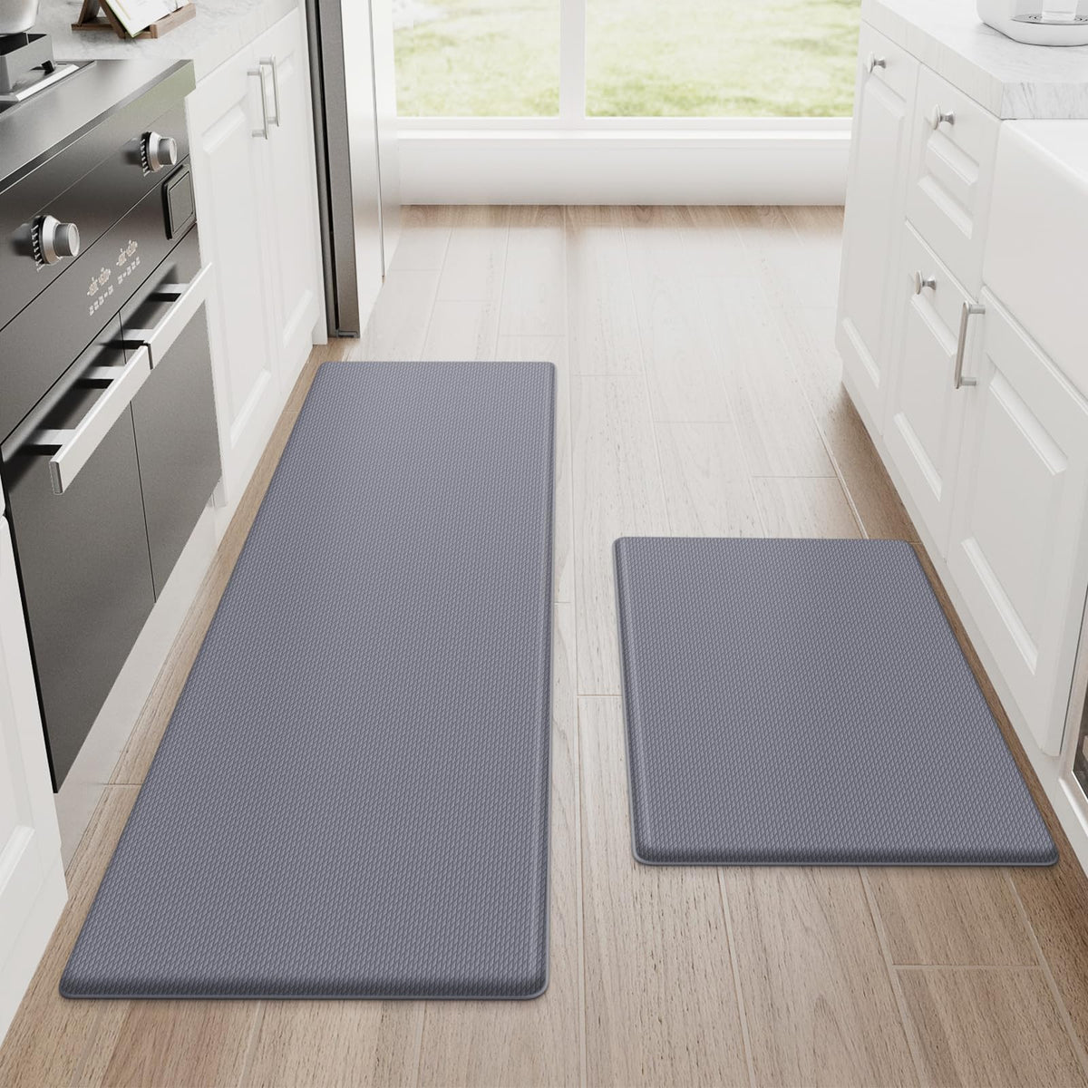 StepRite front view showing grey two-piece mats and comfort benefit