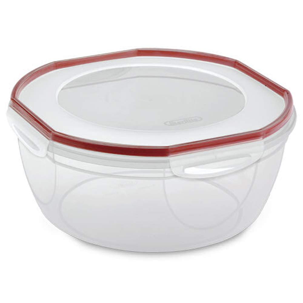 Sterilite clear bowl front view shows airtight seal and easy-storage benefit