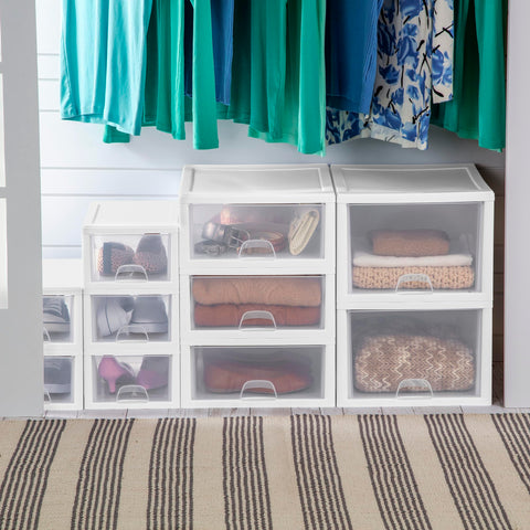 Sterilite clear drawer with organized contents showing quick identification benefit