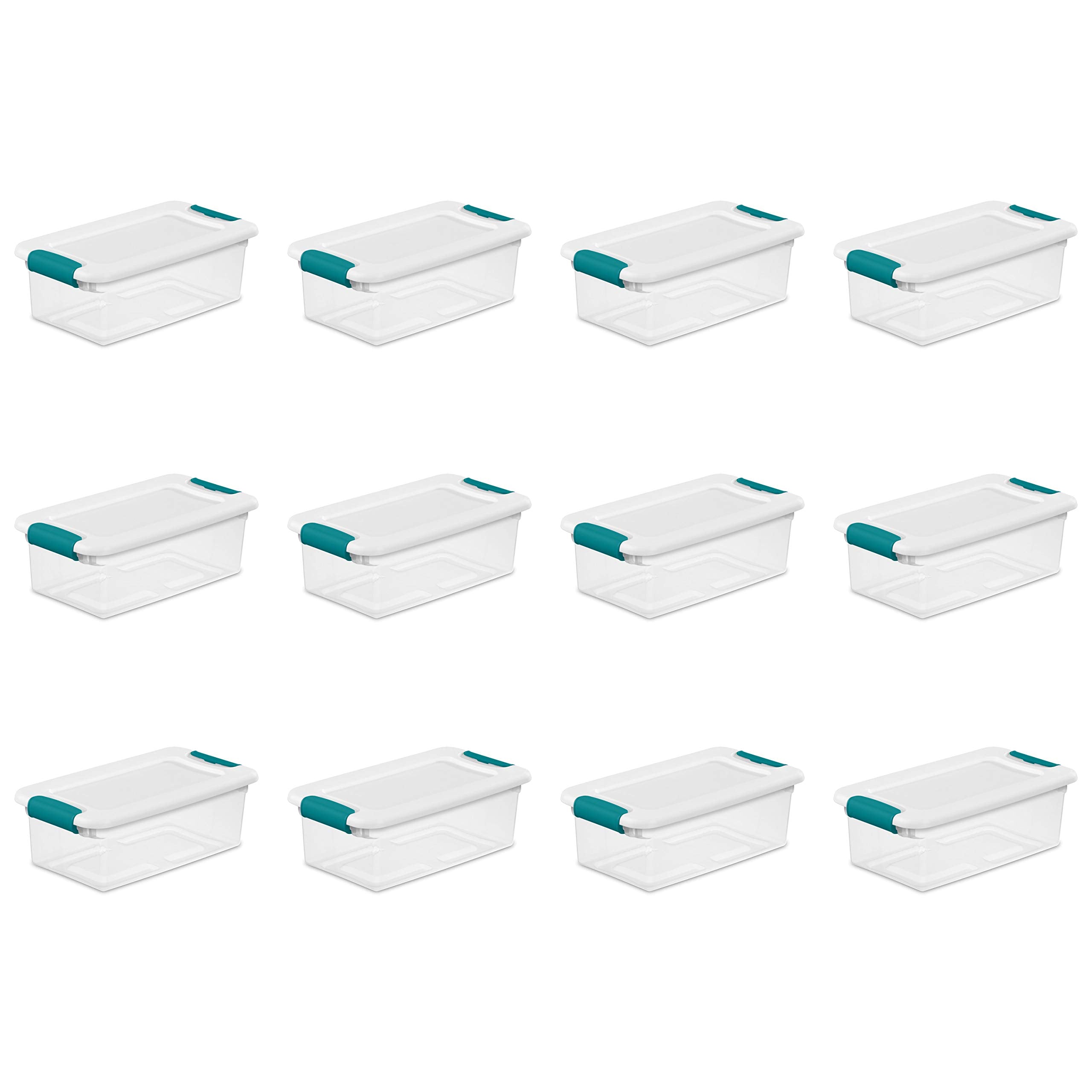 Sterilite front view of 12-pack showing clear boxes and white lids for easy organization