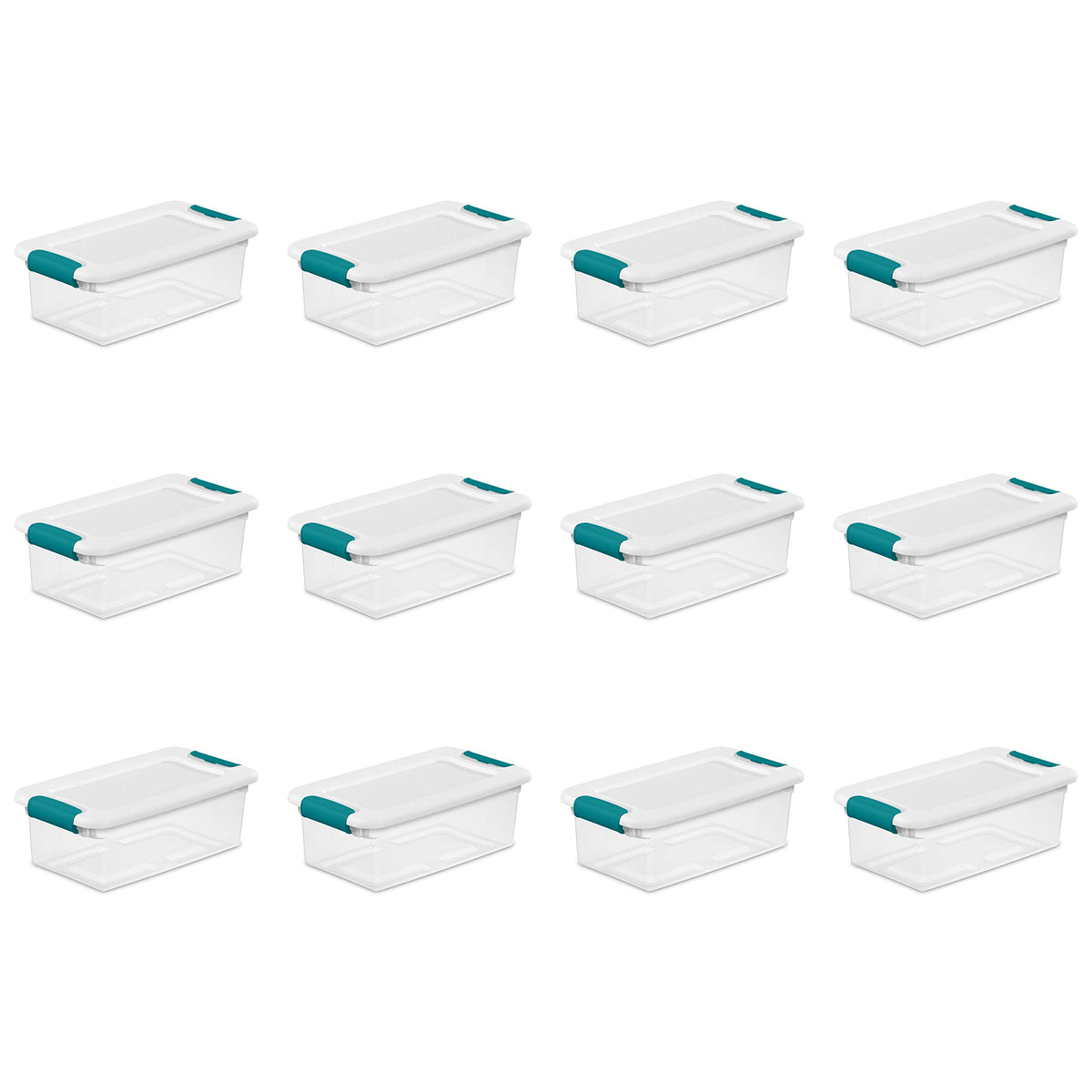 Sterilite front view of 12-pack showing clear boxes and white lids for easy organization