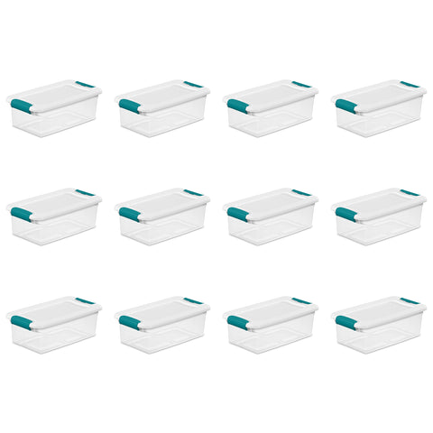 Sterilite front view of 12-pack showing clear boxes and white lids for easy organization