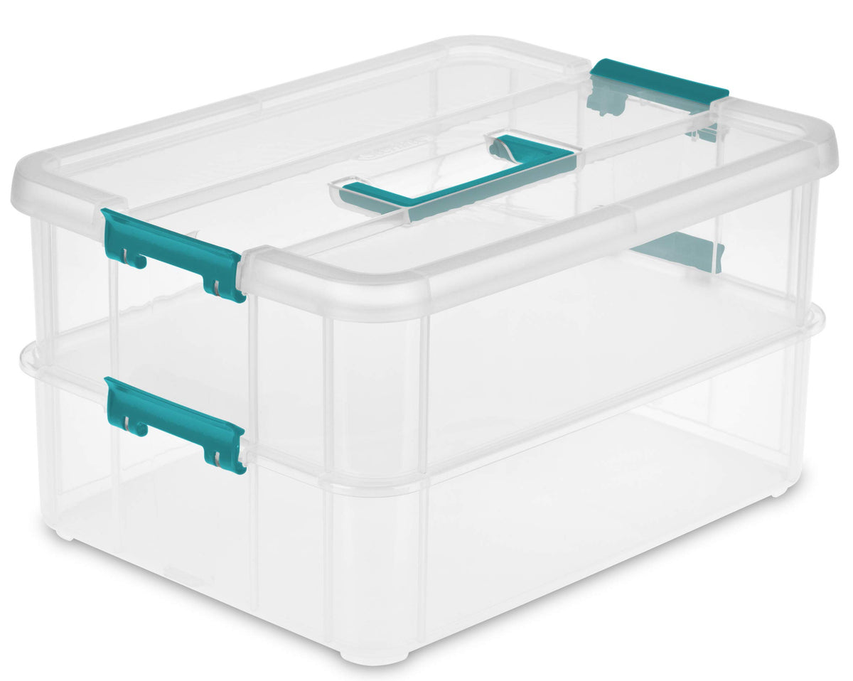 Sterilite front view with clear lid and blue handle showing easy visibility