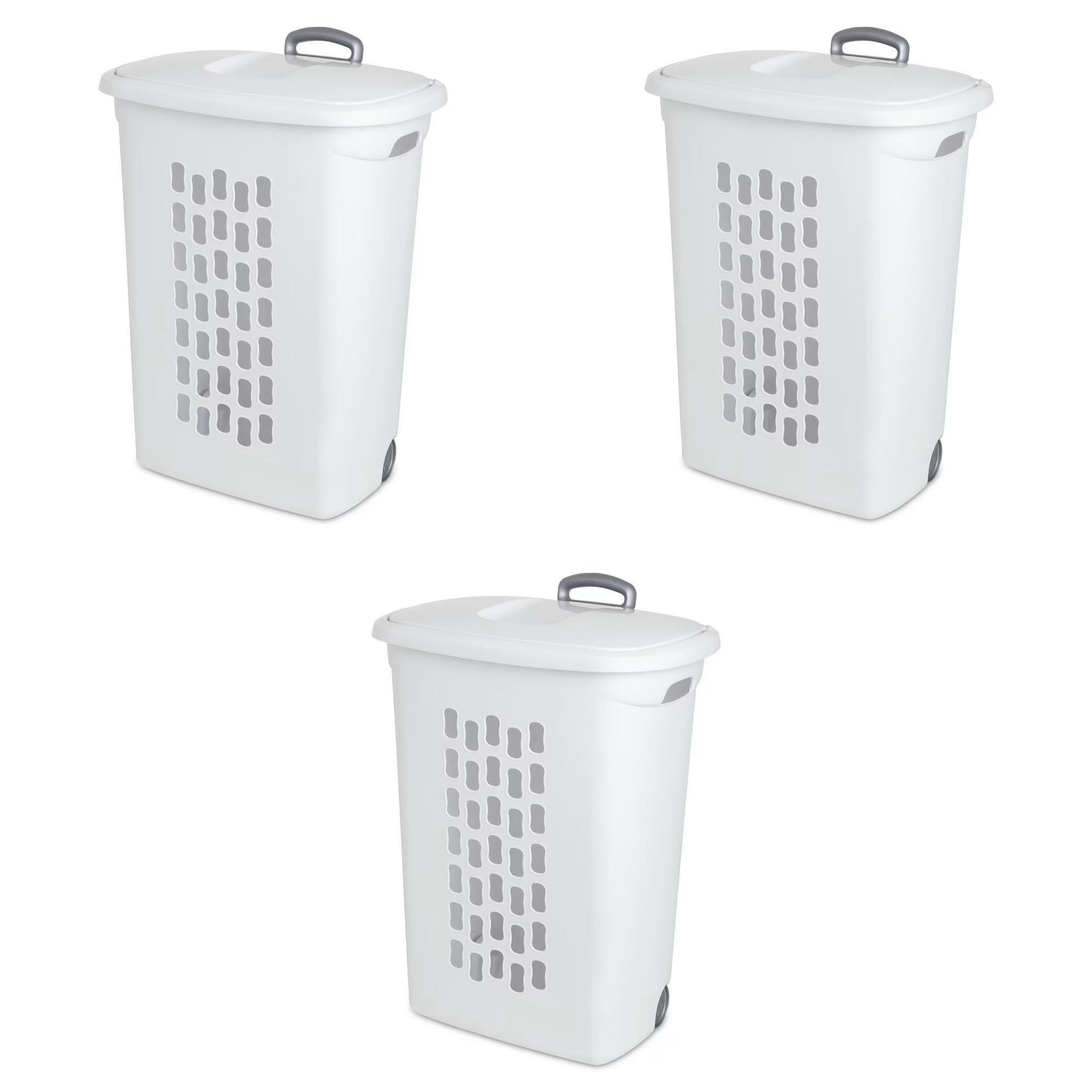 Sterilite hamper front view showing three-pack and clean storage benefit