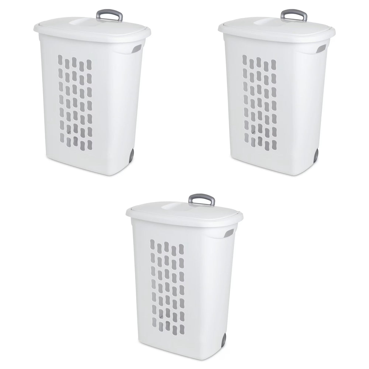Sterilite hamper front view showing three-pack and clean storage benefit