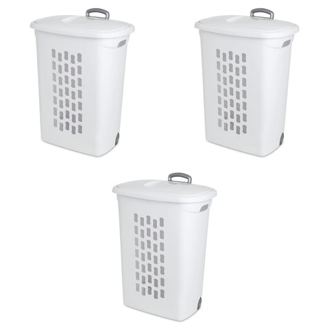 Sterilite hamper front view showing three-pack and clean storage benefit