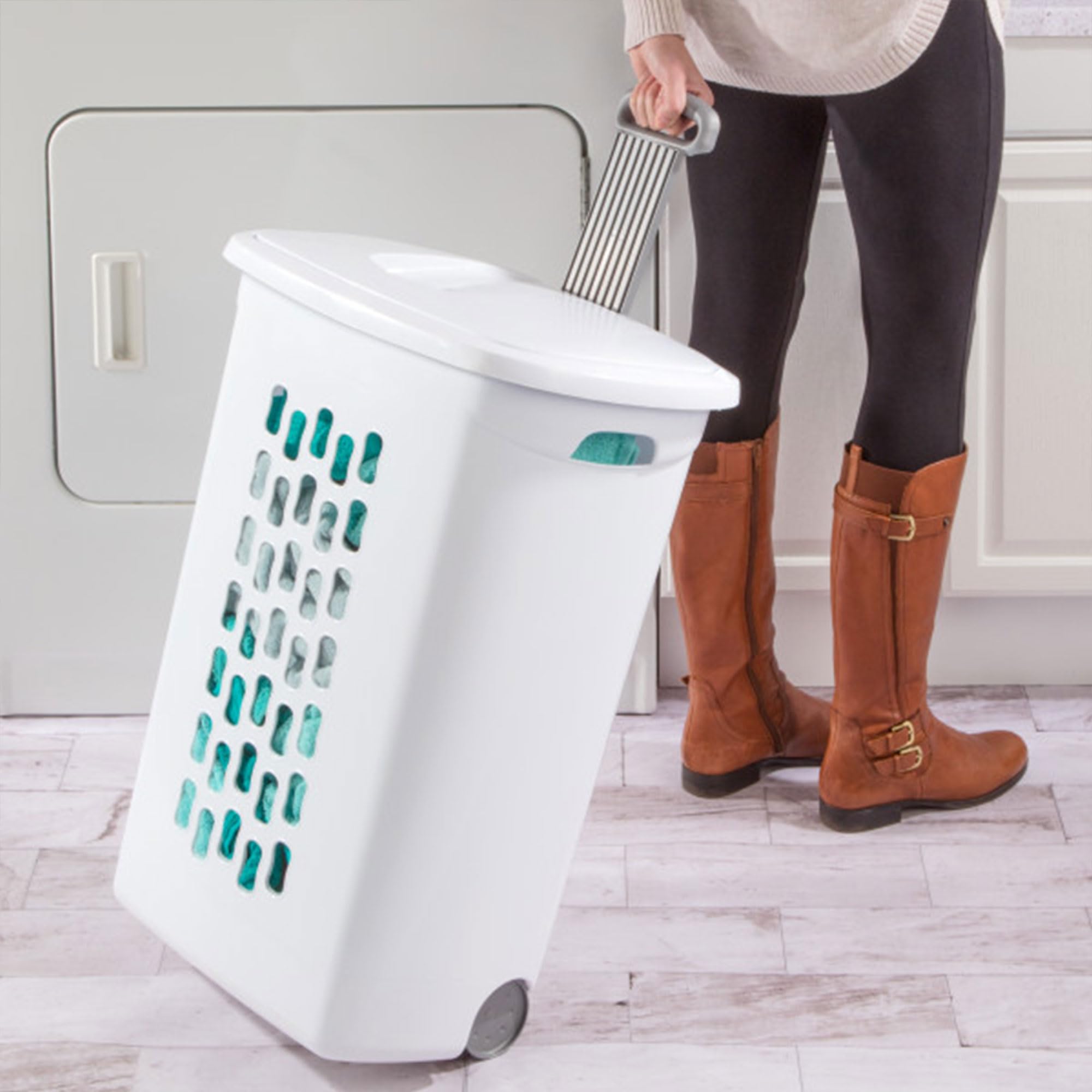 Sterilite hamper staged in bathroom for organized, space-saving storage