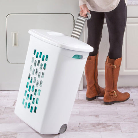 Sterilite hamper staged in bathroom for organized, space-saving storage