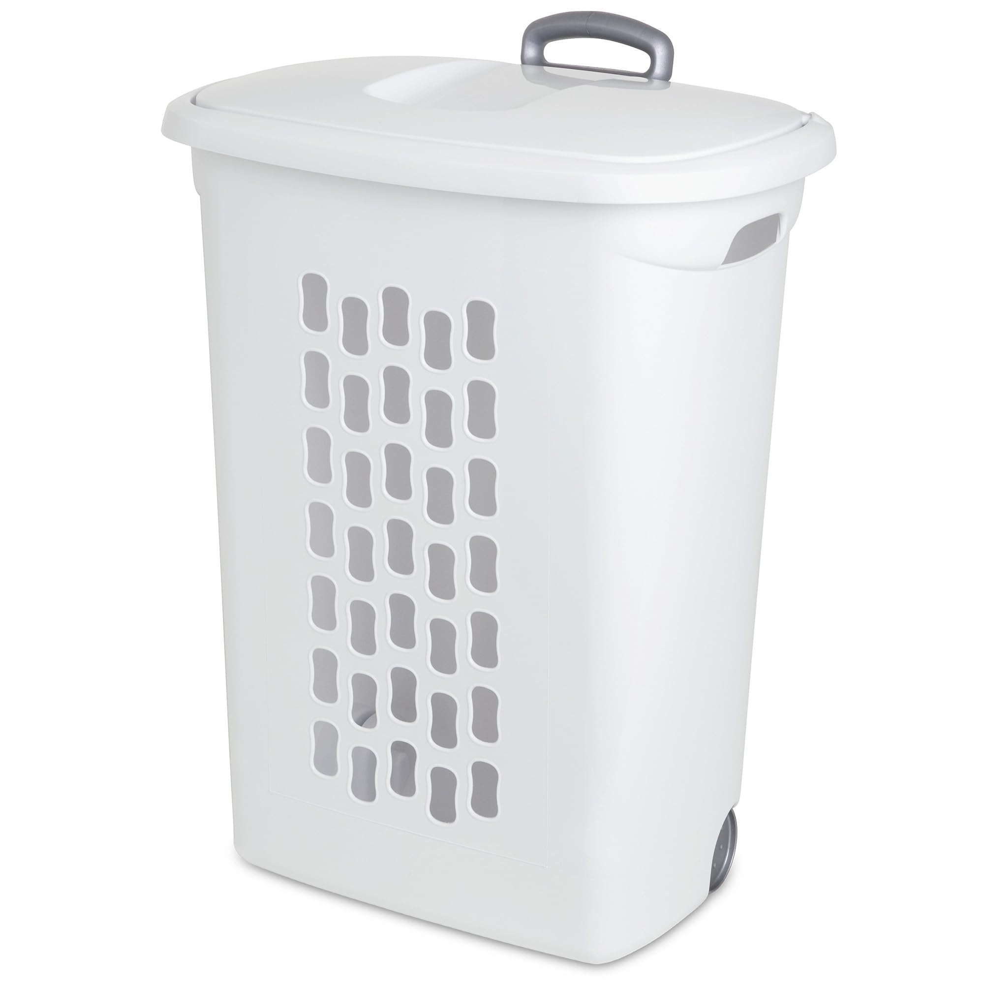 Sterilite hamper wheel detail enabling easy rolling across floors