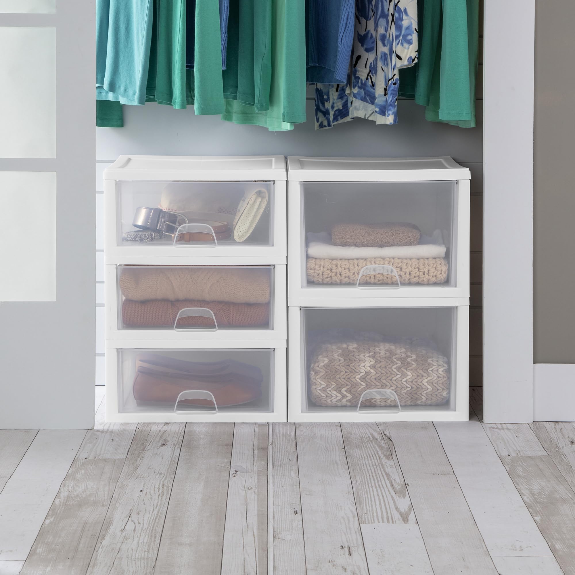 Sterilite drawers in a closet showing tidy storage and visibility benefit