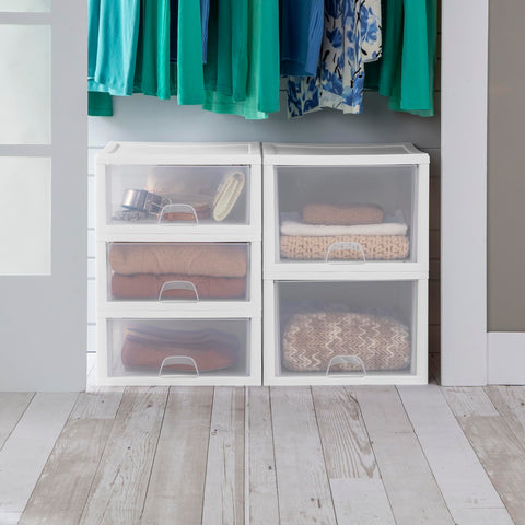 Sterilite drawers in a closet showing tidy storage and visibility benefit