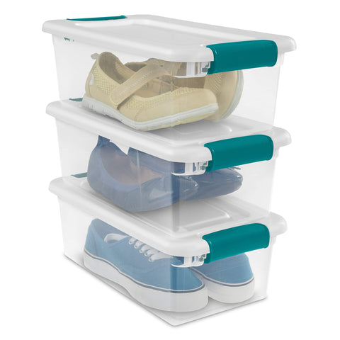 Sterilite boxes in playroom keeping toys tidy and visible for fast cleanup