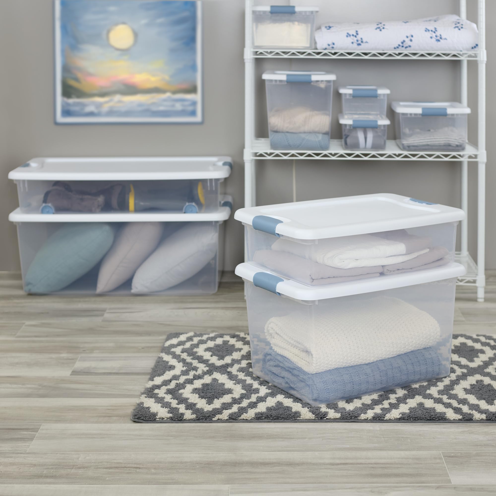 Sterilite organized closet scene highlighting tidy storage benefit
