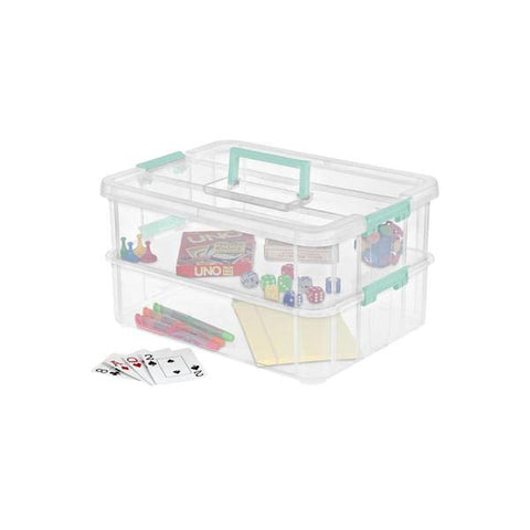 Sterilite stacked boxes on shelf for organized seasonal storage