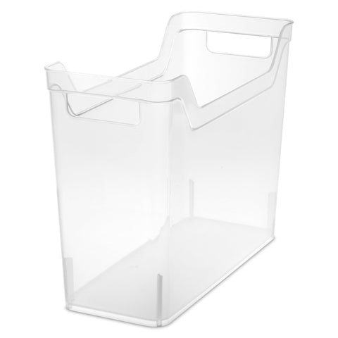 Sterilite narrow shelf bin close-up of carry-through handle for easy transport