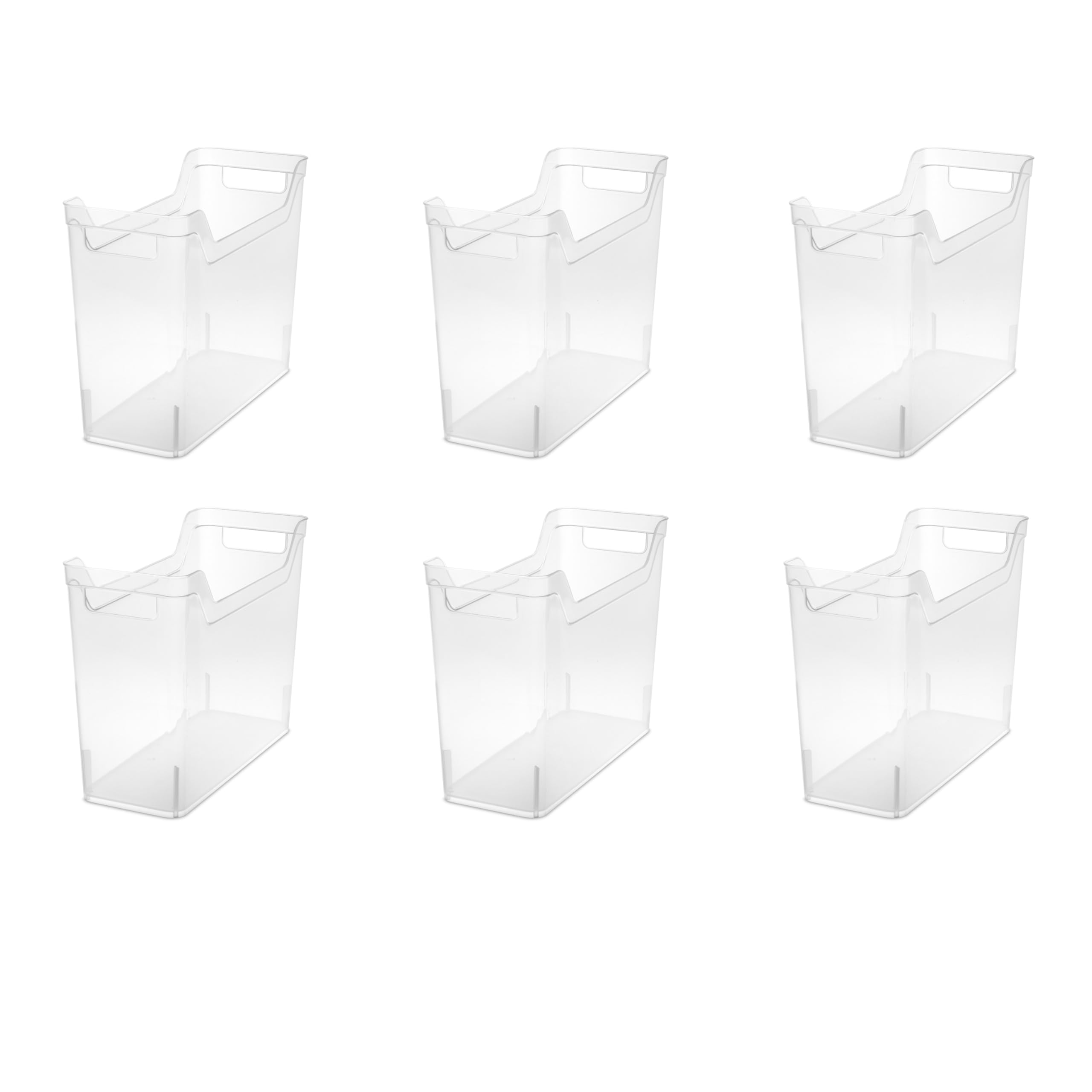 Sterilite narrow shelf bin front view showing clear storage and neat organization