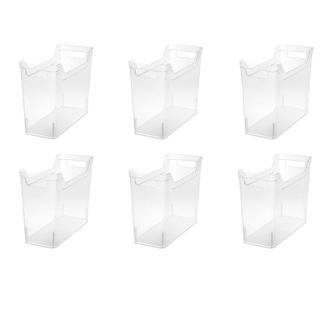 Sterilite narrow shelf bin front view showing clear storage and neat organization