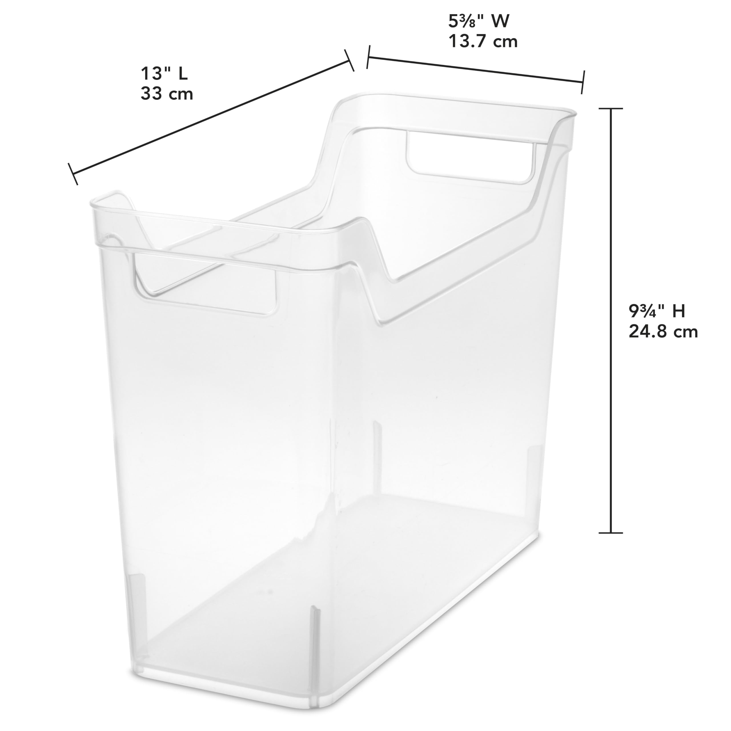 Sterilite narrow shelf bin in pantry demonstrating visible storage for food items