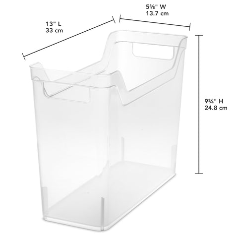 Sterilite narrow shelf bin in pantry demonstrating visible storage for food items