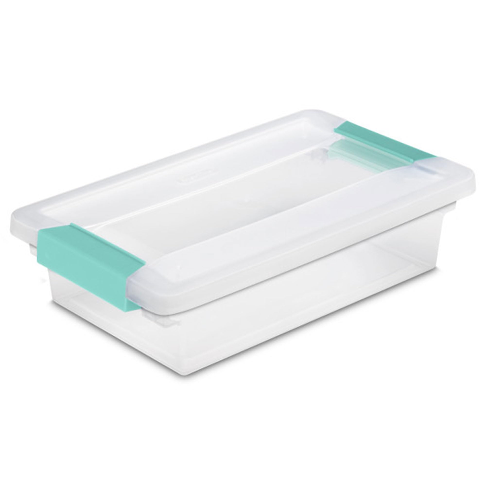 Sterilite small clip box front view showing clear base and lid for quick identification