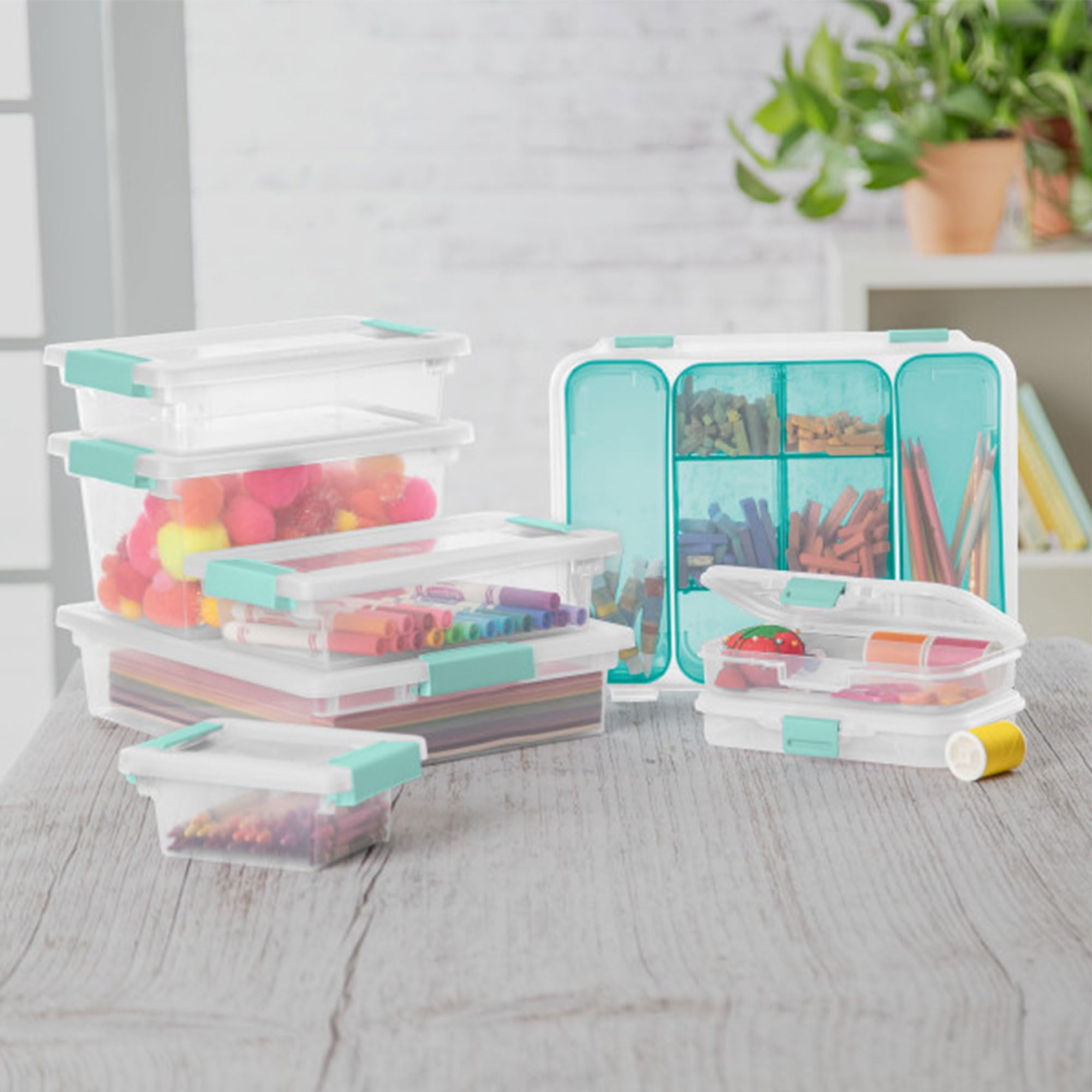 Open Sterilite box with organized contents showing easy access and tidy storage