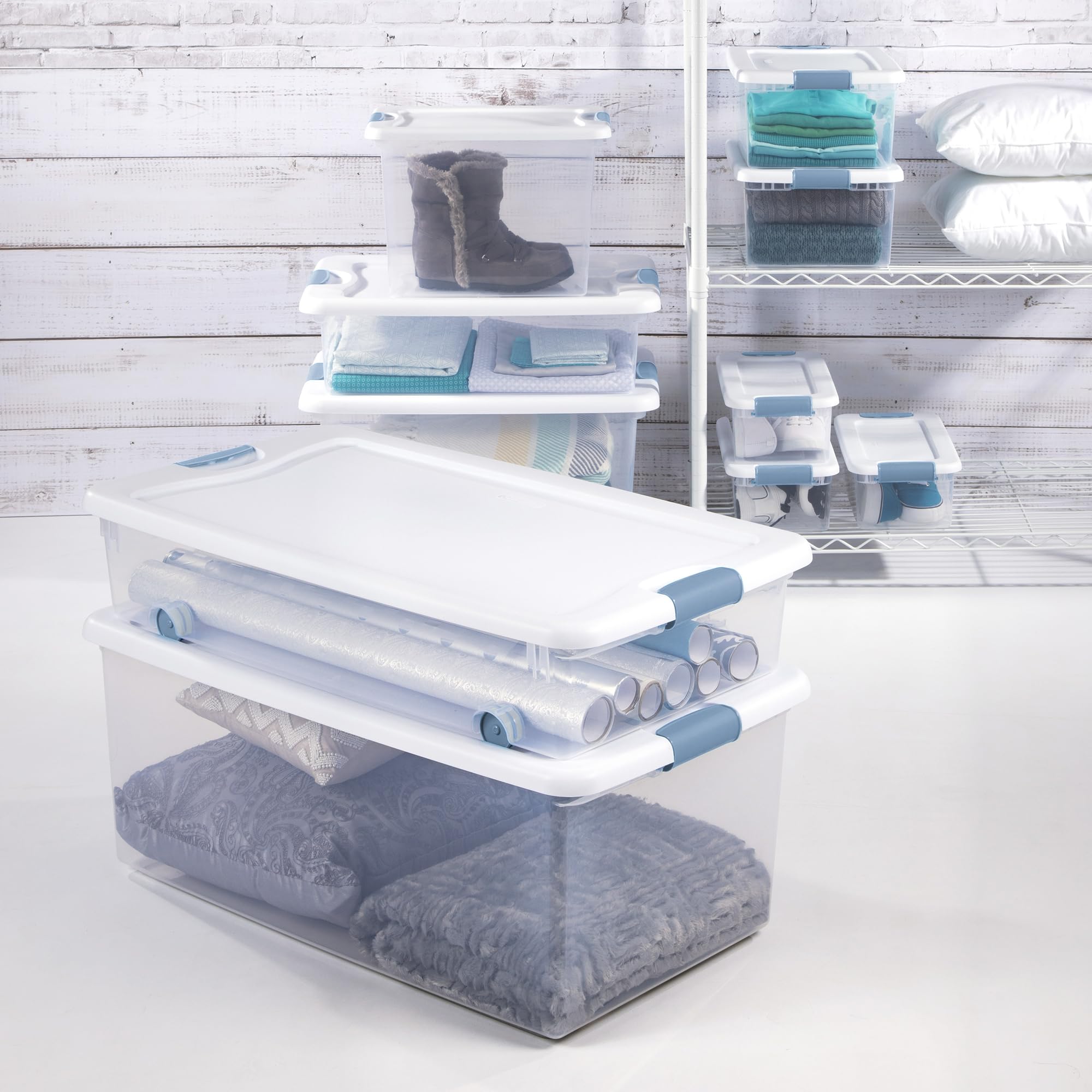 Sterilite stacked boxes demonstrating stable recessed lid stacking