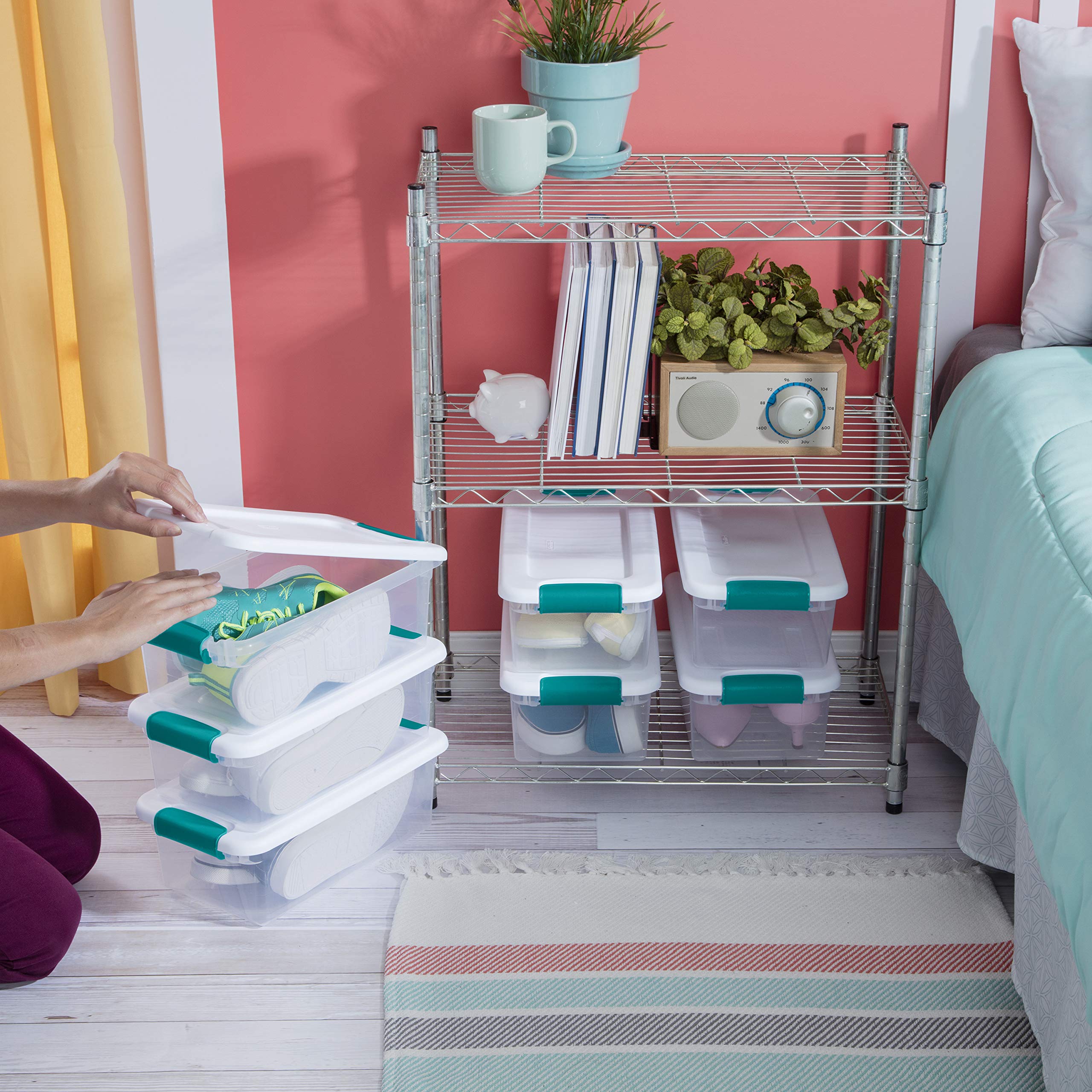 Sterilite stacked boxes on wire shelf maximizing vertical storage space