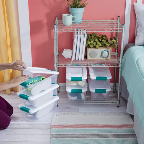 Sterilite stacked boxes on wire shelf maximizing vertical storage space