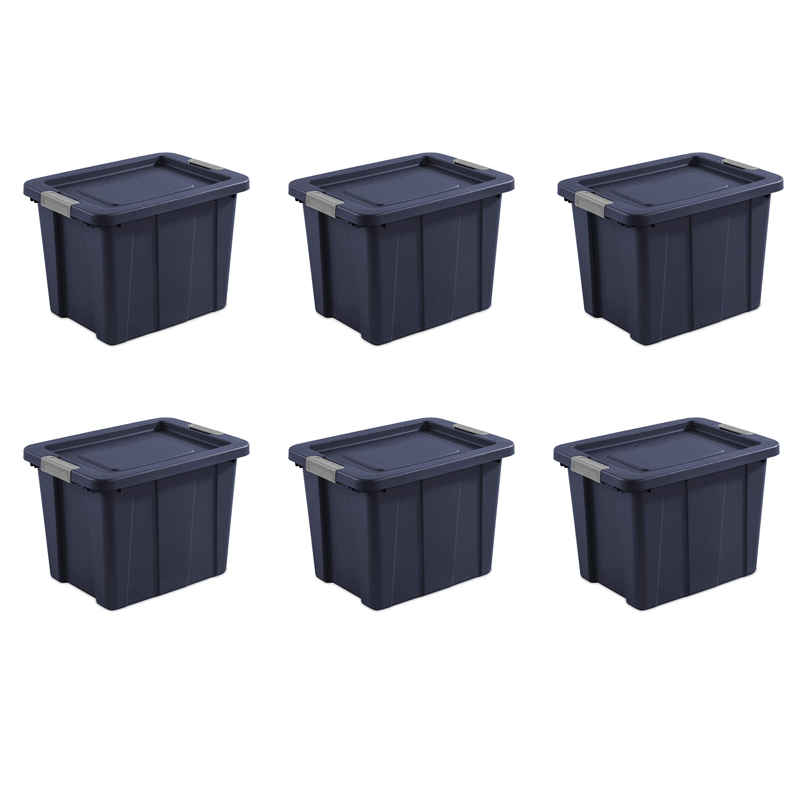 Sterilite Tuff1 front view showing durable dark blue exterior and secure lid benefit organization